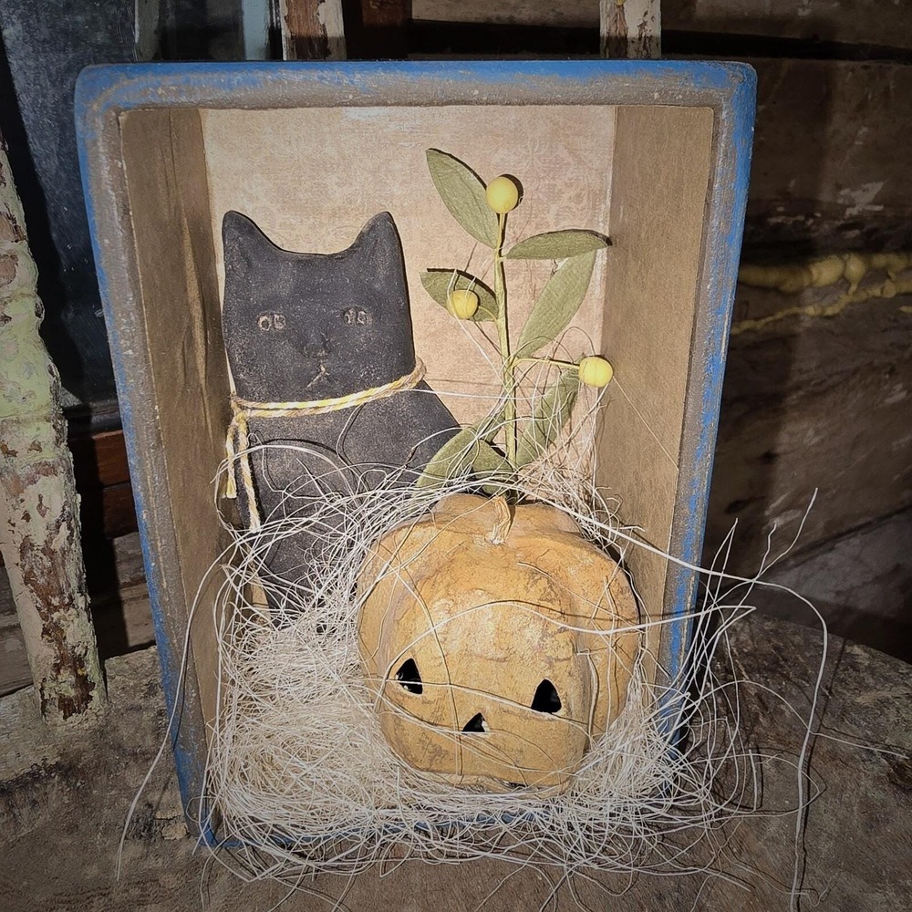 Primitive Halloween Black Cat & Pumpkin Shadow Box Vignetteโ By The Wooden Nail